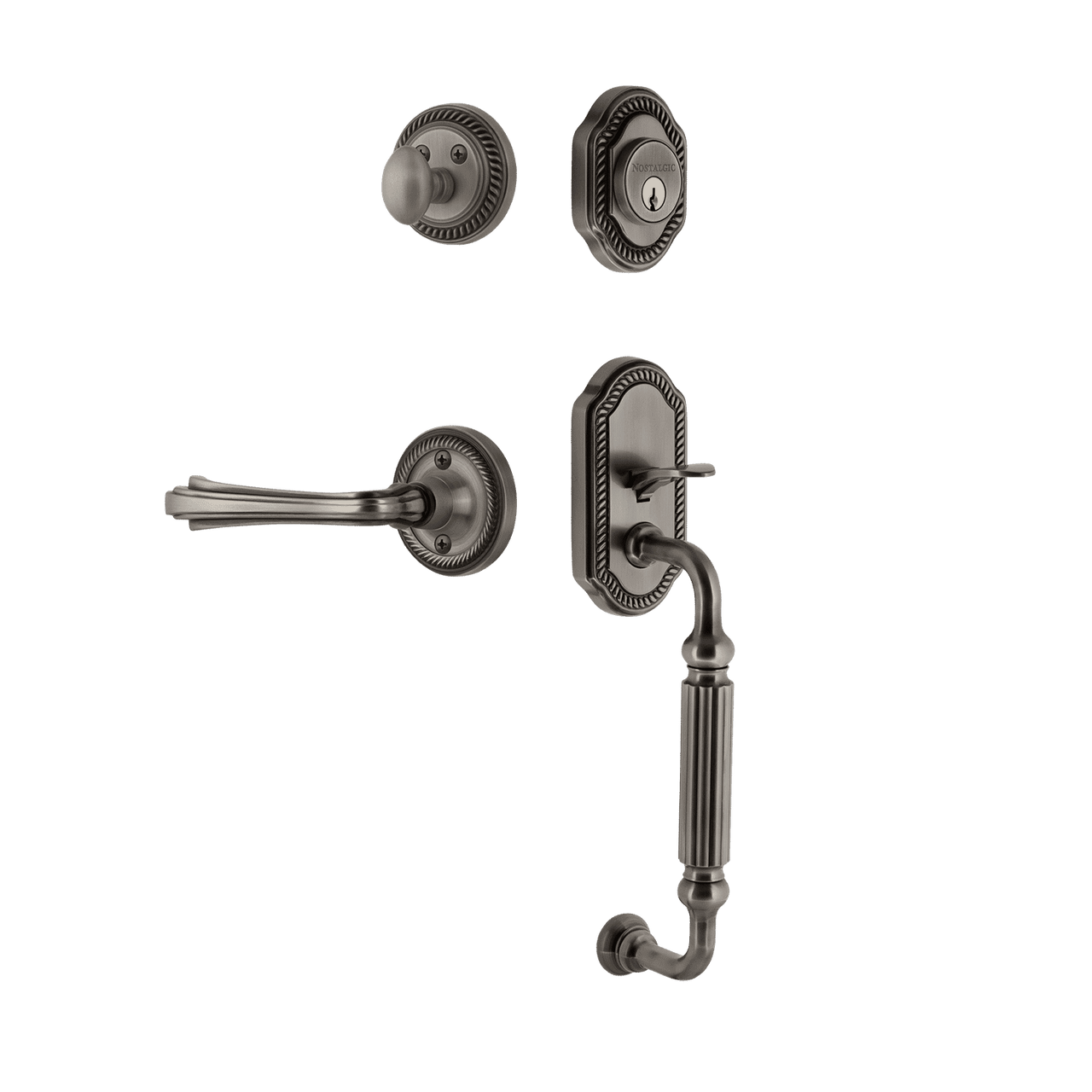 Nostalgic 769092: Entry Lockset w/Rope Rosette, F-Grip Exterior Handle and Fleur Interior Lever - Antique Pewter