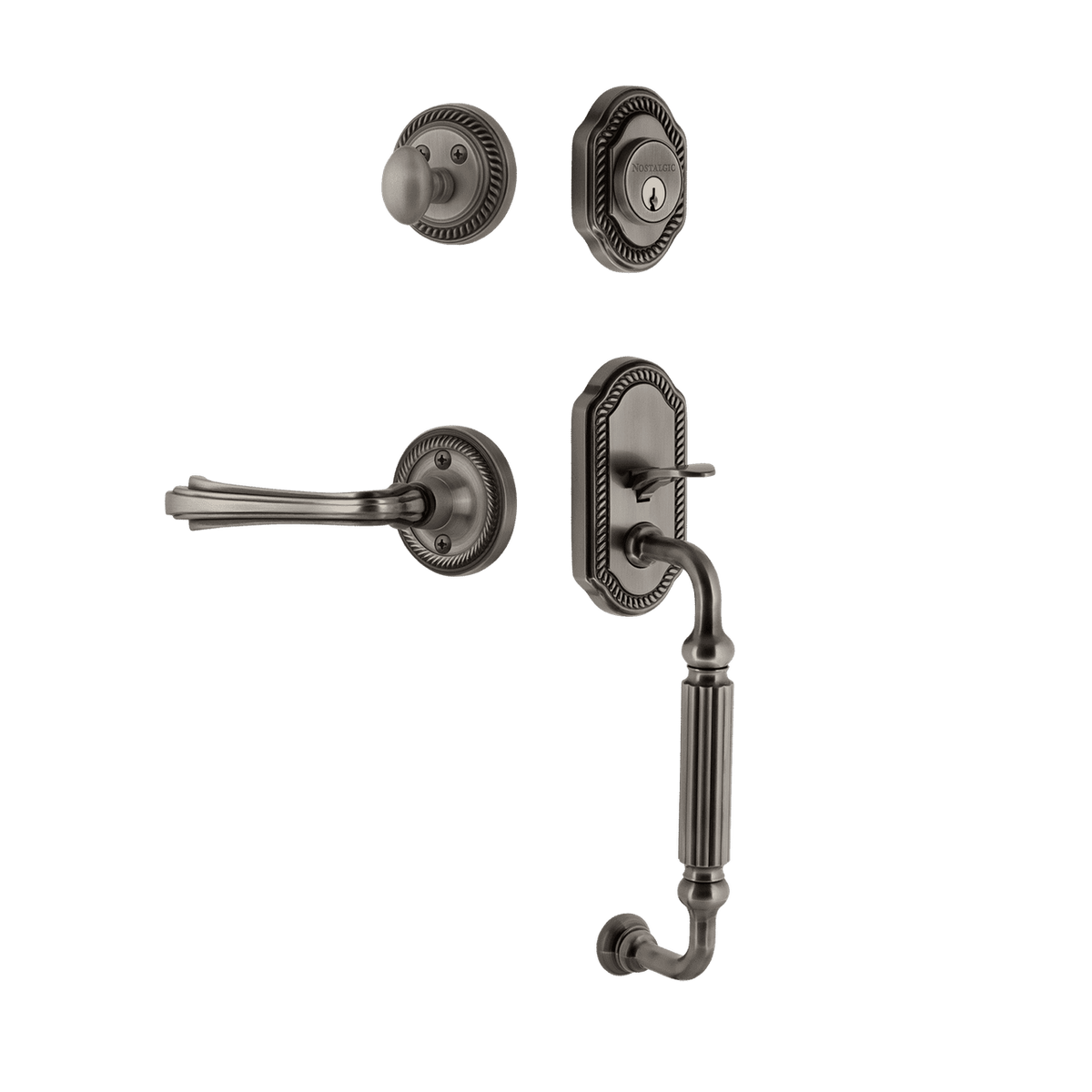 Nostalgic 770940: Entry Lockset w/Rope Rosette, F-Grip Exterior Handle and Fleur Interior Lever - Antique Pewter