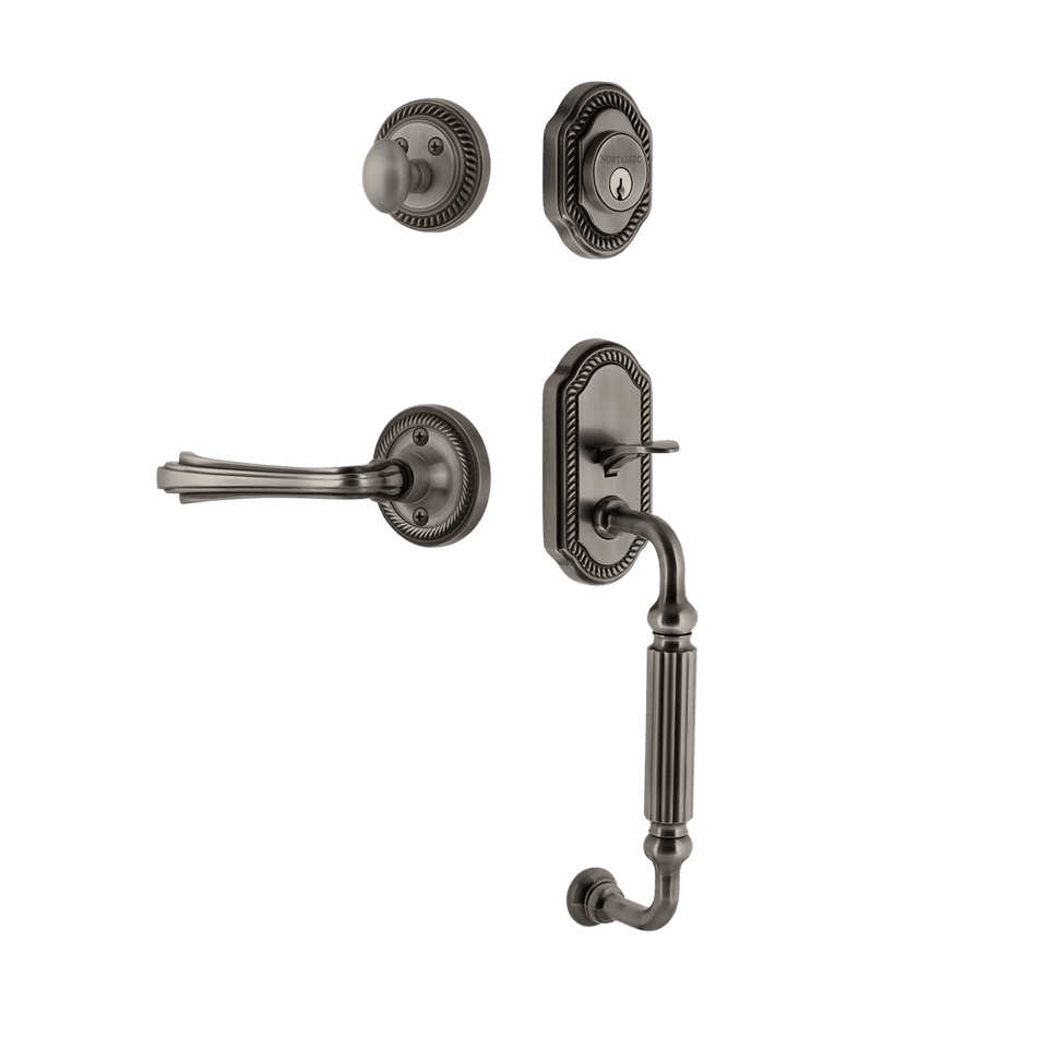 Nostalgic 769093: Entry Lockset w/Rope Rosette, F-Grip Exterior Handle and Fleur Interior Lever - Antique Pewter
