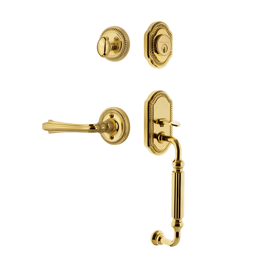 Nostalgic 770962: Entry Lockset w/Rope Rosette, F-Grip Exterior Handle and Fleur Interior Lever - Polished Brass