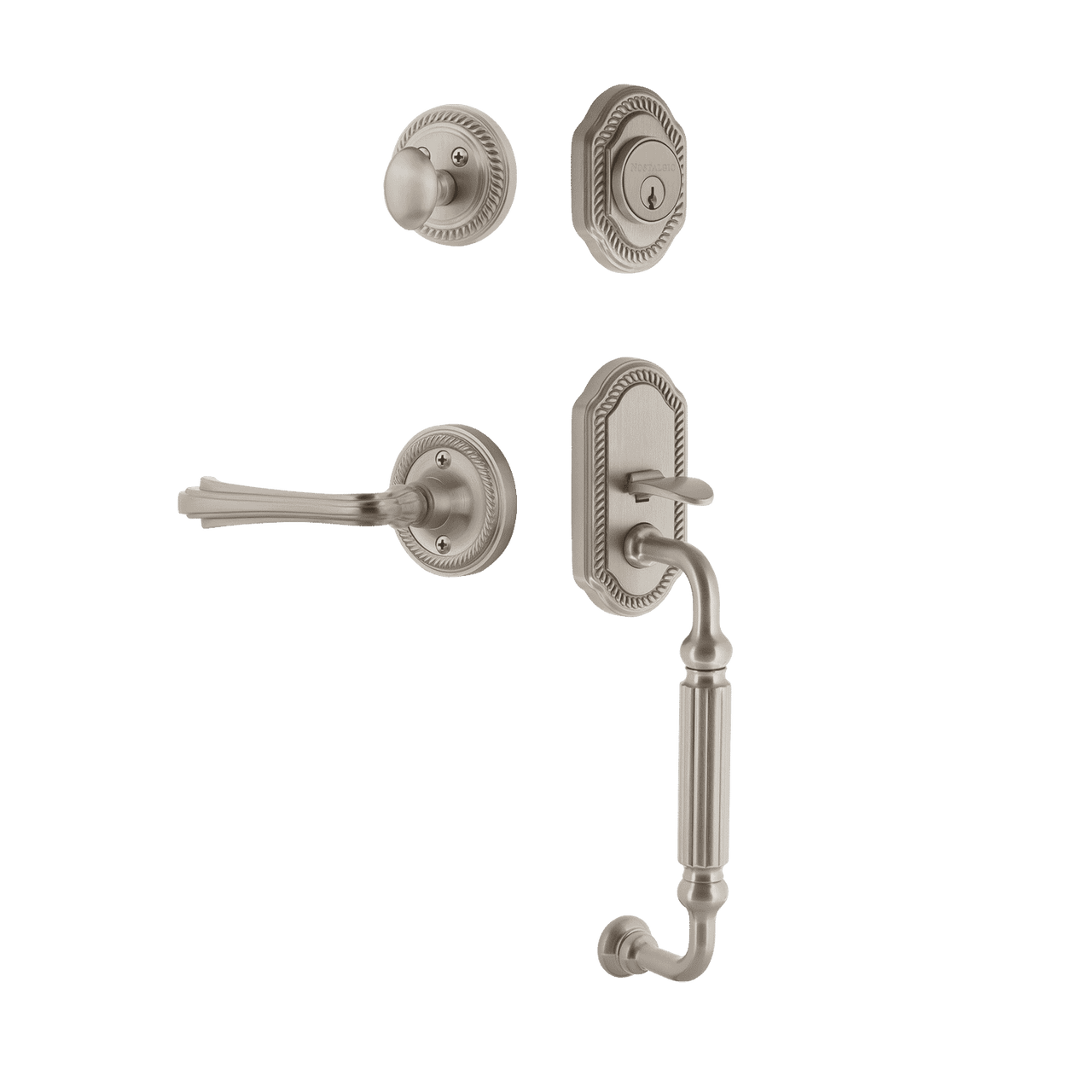 Nostalgic 770948: Entry Lockset w/Rope Rosette, F-Grip Exterior Handle and Fleur Interior Lever - Satin Nickel