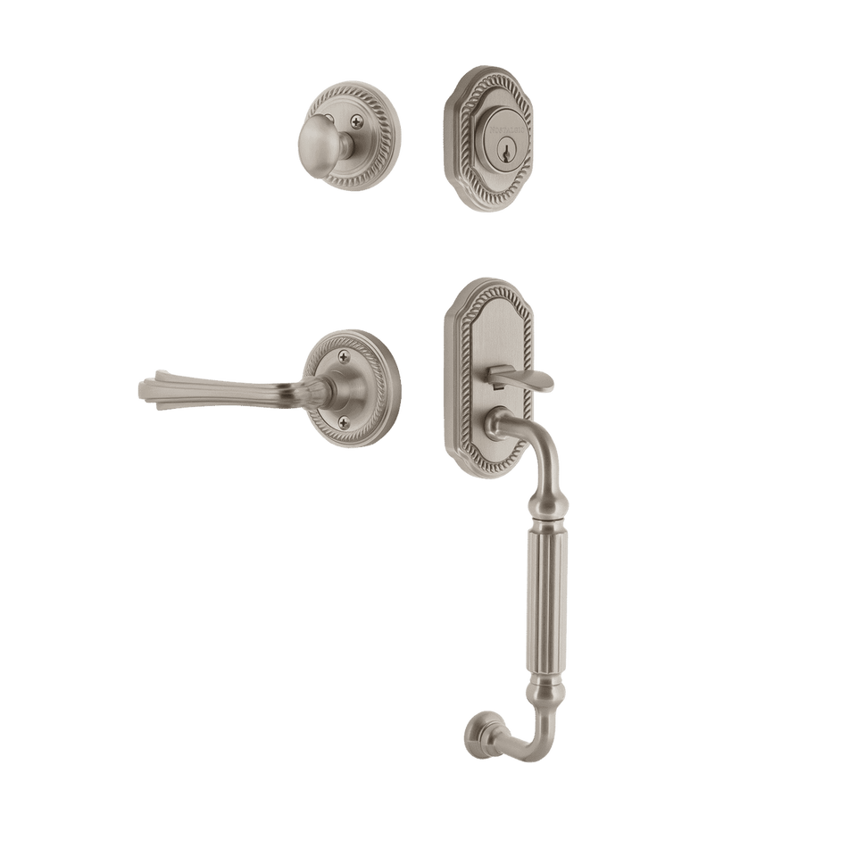 Nostalgic 770961: Entry Lockset w/Rope Rosette, F-Grip Exterior Handle and Fleur Interior Lever - Satin Nickel