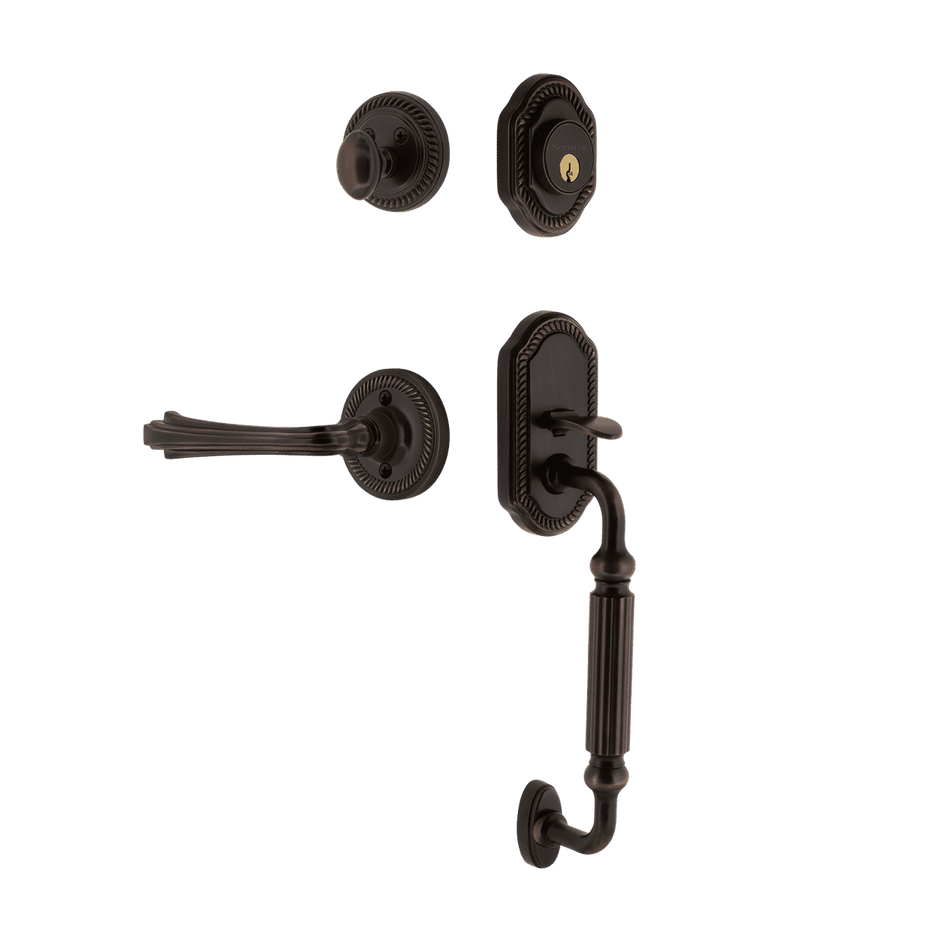 Nostalgic 770963: Entry Lockset w/Rope Rosette, F-Grip Exterior Handle and Fleur Interior Lever - Timeless Bronze