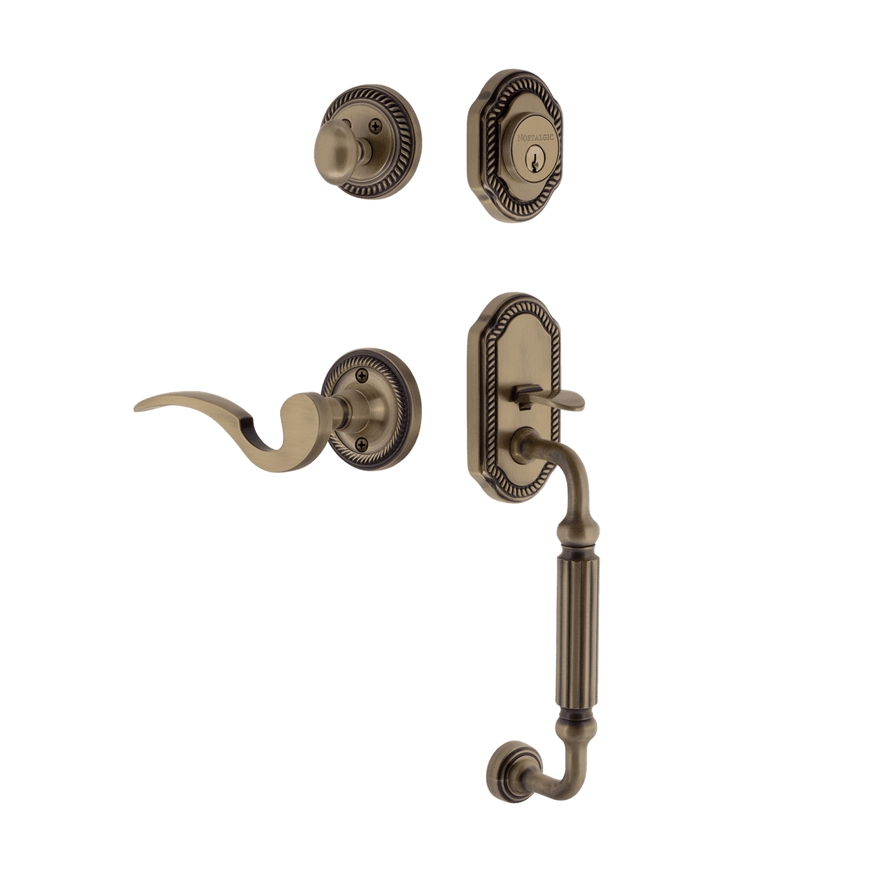 Nostalgic 770992: Entry Lockset w/Rope Rosette, F-Grip Exterior Handle and Manor Interior Lever - Antique Brass