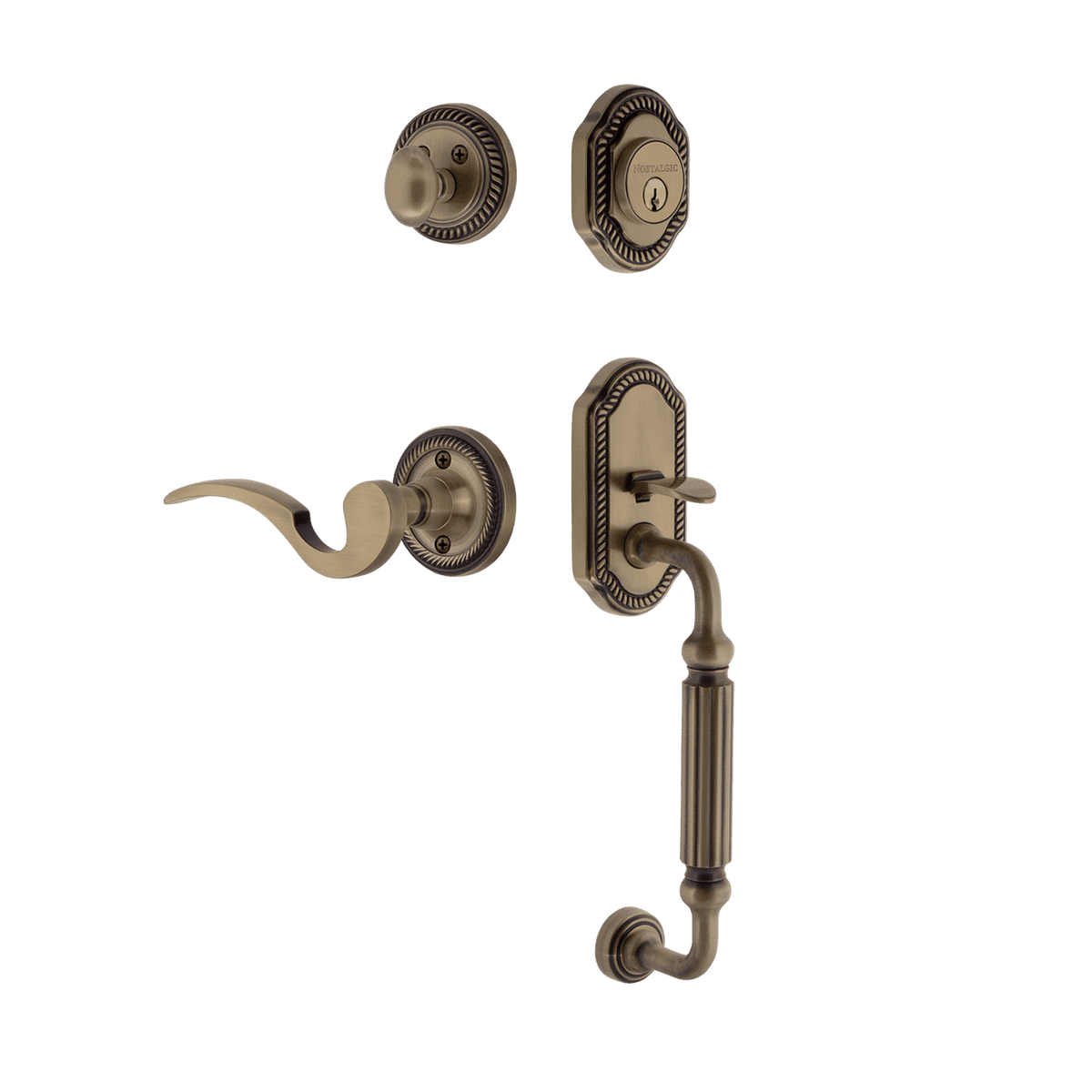 Nostalgic 770997: Entry Lockset w/Rope Rosette, F-Grip Exterior Handle and Manor Interior Lever - Antique Brass