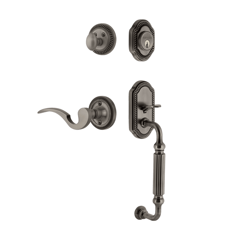Nostalgic 771014: Entry Lockset w/Rope Rosette, F-Grip Exterior Handle and Manor Interior Lever - Antique Pewter