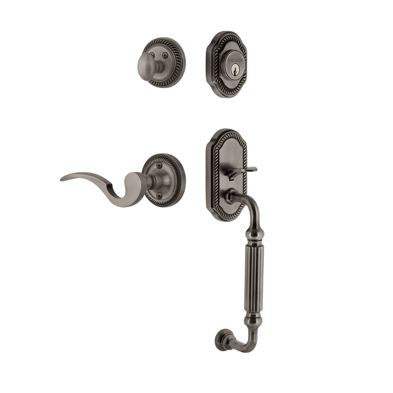 Nostalgic 767699: Entry Lockset w/Rope Rosette, F-Grip Exterior Handle and Manor Interior Lever - Antique Pewter