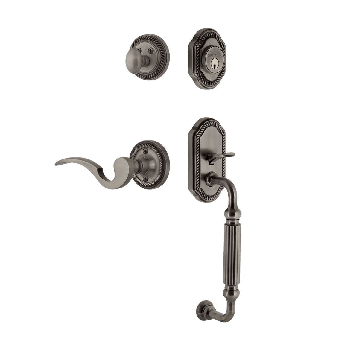 Nostalgic 767698: Entry Lockset w/Rope Rosette, F-Grip Exterior Handle and Manor Interior Lever - Antique Pewter