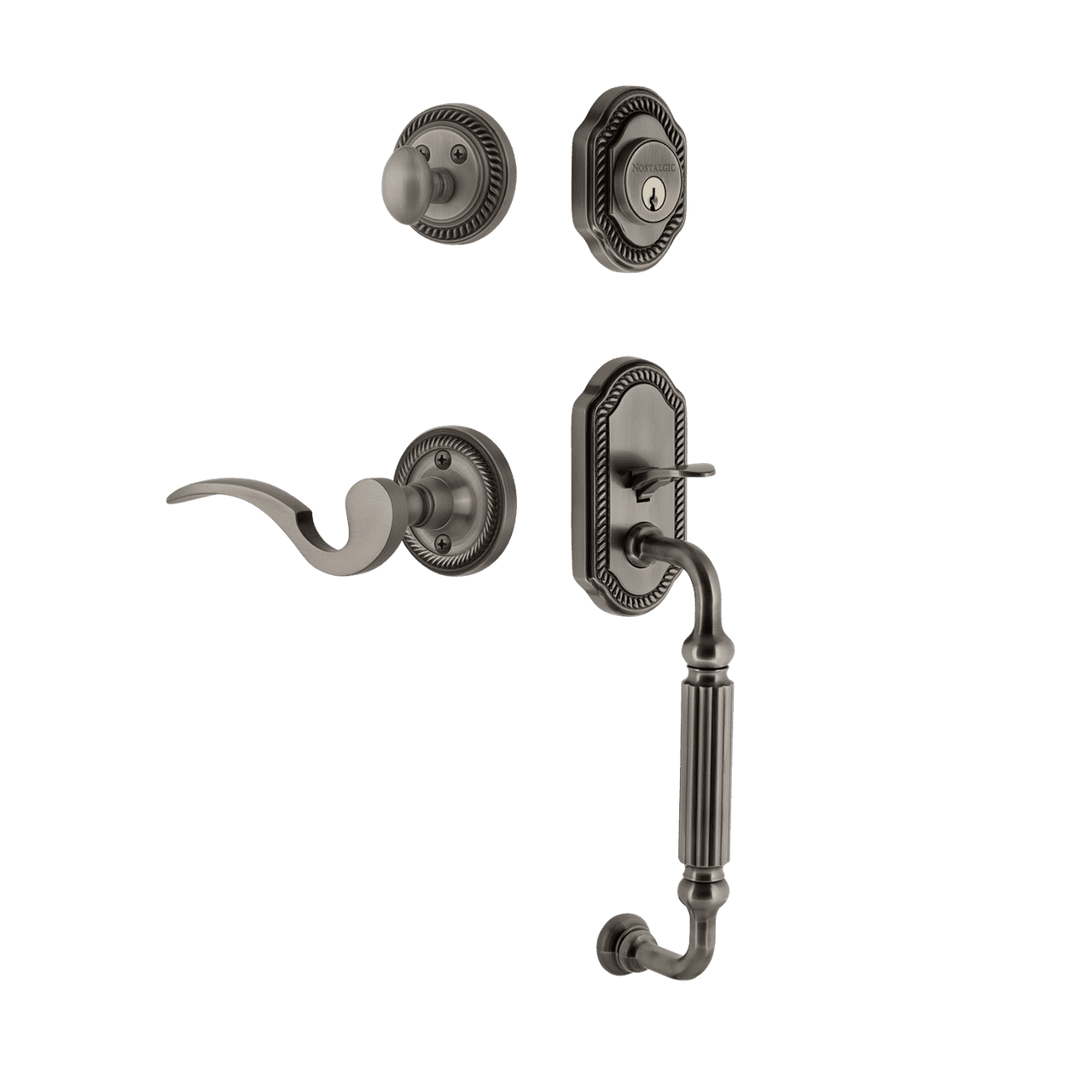 Nostalgic 771023: Entry Lockset w/Rope Rosette, F-Grip Exterior Handle and Manor Interior Lever - Antique Pewter