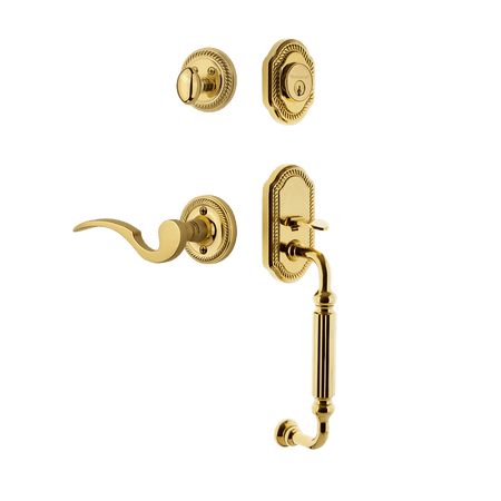 Nostalgic 771020: Entry Lockset w/Rope Rosette, F-Grip Exterior Handle and Manor Interior Lever - Polished Brass