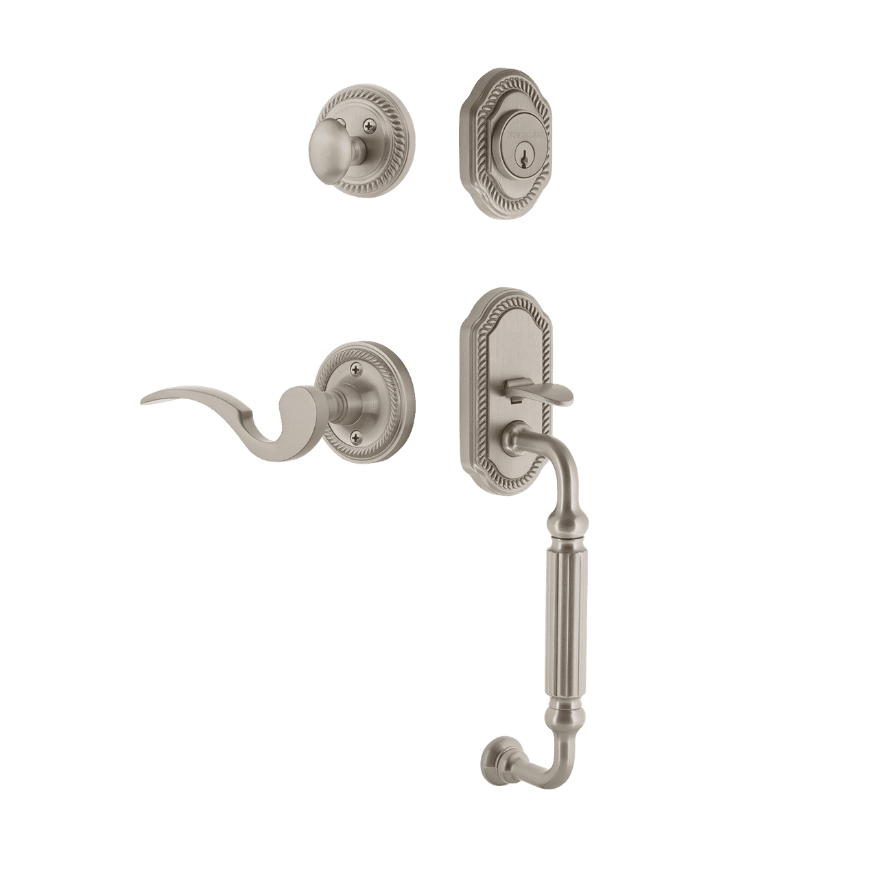 Nostalgic 767707: Entry Lockset w/Rope Rosette, F-Grip Exterior Handle and Manor Interior Lever - Satin Nickel