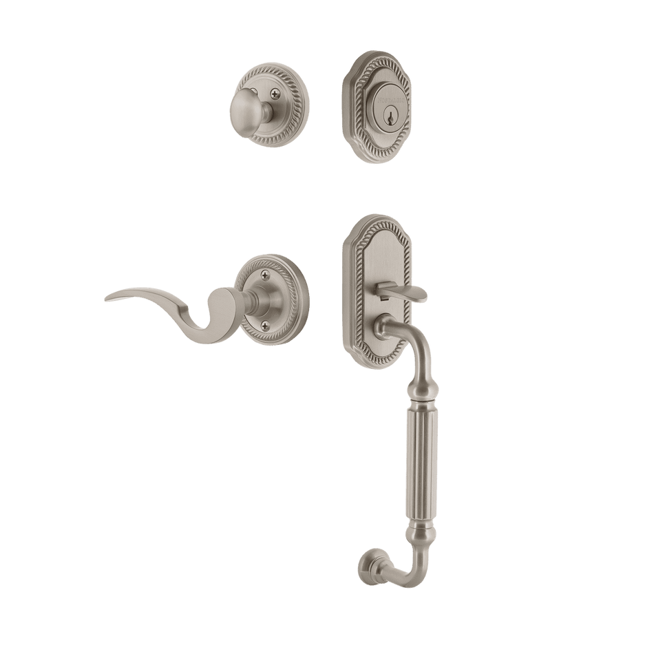 Nostalgic 767707: Entry Lockset w/Rope Rosette, F-Grip Exterior Handle and Manor Interior Lever - Satin Nickel