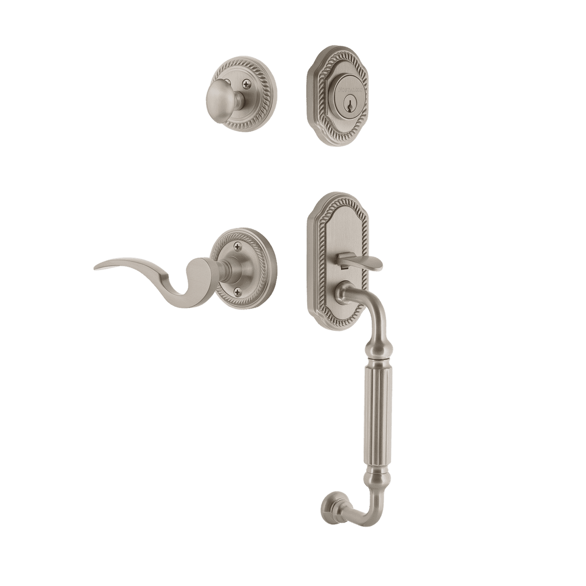 Nostalgic 771000: Entry Lockset w/Rope Rosette, F-Grip Exterior Handle and Manor Interior Lever - Satin Nickel