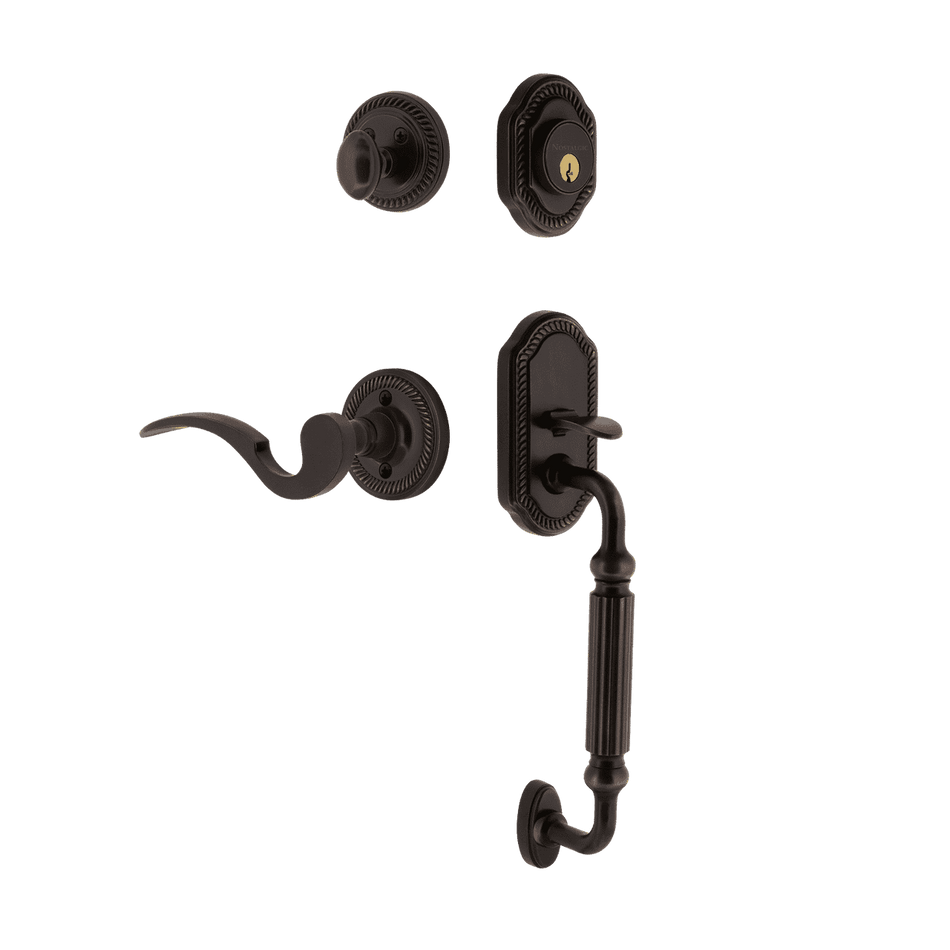 Nostalgic 770993: Entry Lockset w/Rope Rosette, F-Grip Exterior Handle and Manor Interior Lever - Timeless Bronze