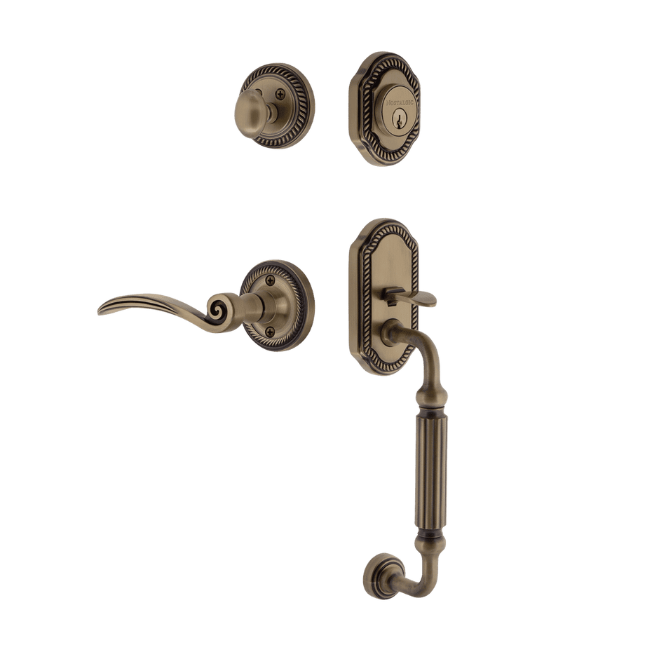 Nostalgic 771107: Entry Lockset w/Rope Rosette, F-Grip Exterior Handle and Swan Interior Lever - Antique Brass