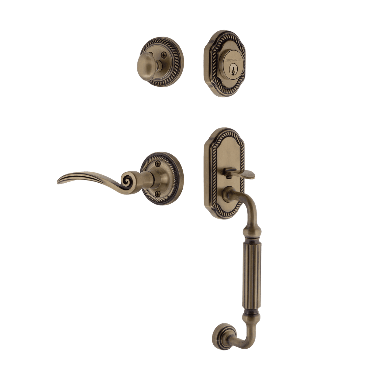 Nostalgic 768401: Entry Lockset w/Rope Rosette, F-Grip Exterior Handle and Swan Interior Lever - Antique Brass