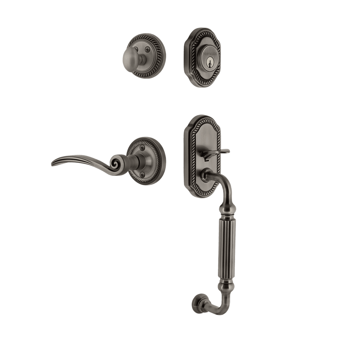 Nostalgic 768395: Entry Lockset w/Rope Rosette, F-Grip Exterior Handle and Swan Interior Lever - Antique Pewter