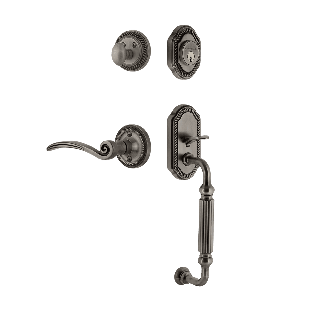 Nostalgic 768395: Entry Lockset w/Rope Rosette, F-Grip Exterior Handle and Swan Interior Lever - Antique Pewter