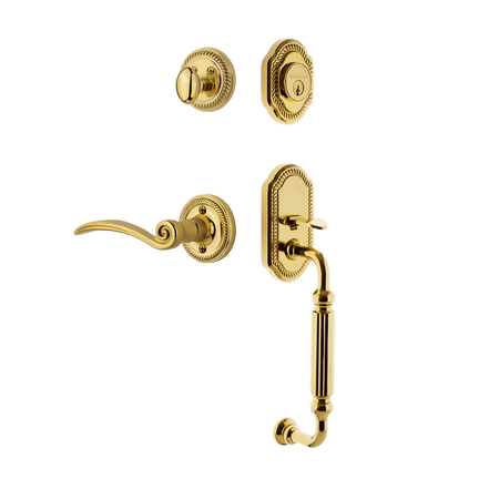 Nostalgic 768397: Entry Lockset w/Rope Rosette, F-Grip Exterior Handle and Swan Interior Lever - Polished Brass
