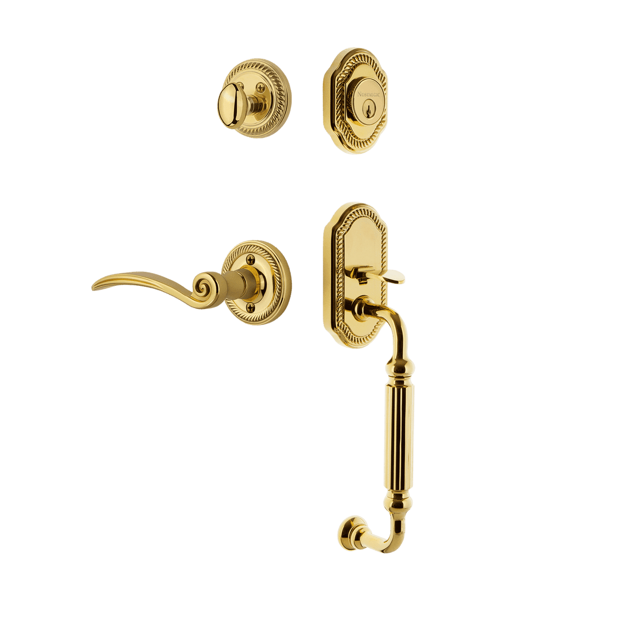 Nostalgic 771045: Entry Lockset w/Rope Rosette, F-Grip Exterior Handle and Swan Interior Lever - Polished Brass