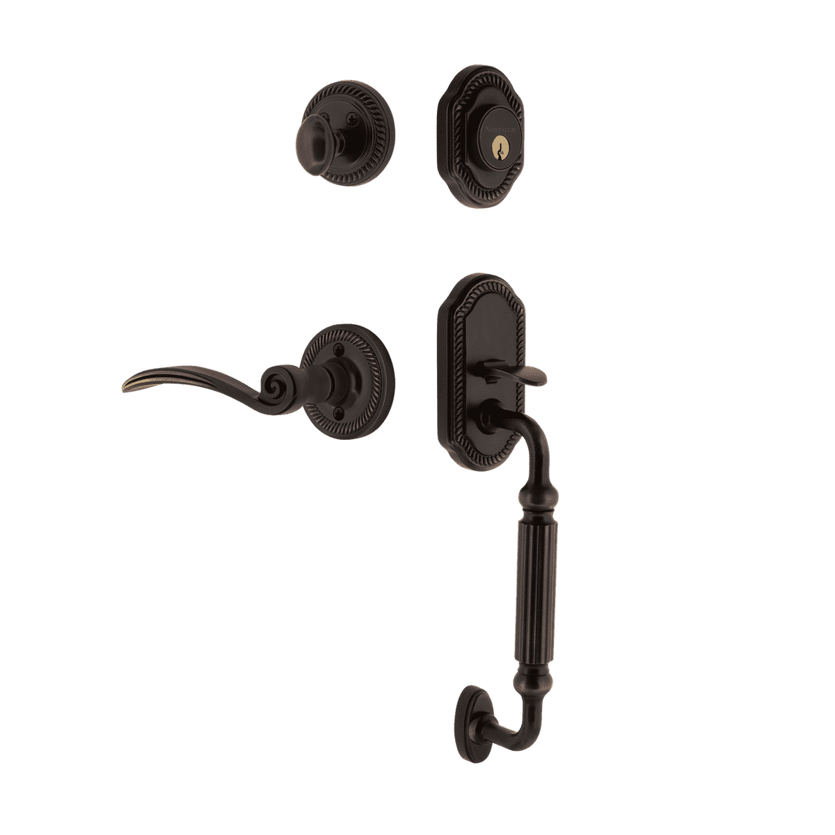 Nostalgic 771104: Entry Lockset w/Rope Rosette, F-Grip Exterior Handle and Swan Interior Lever - Timeless Bronze