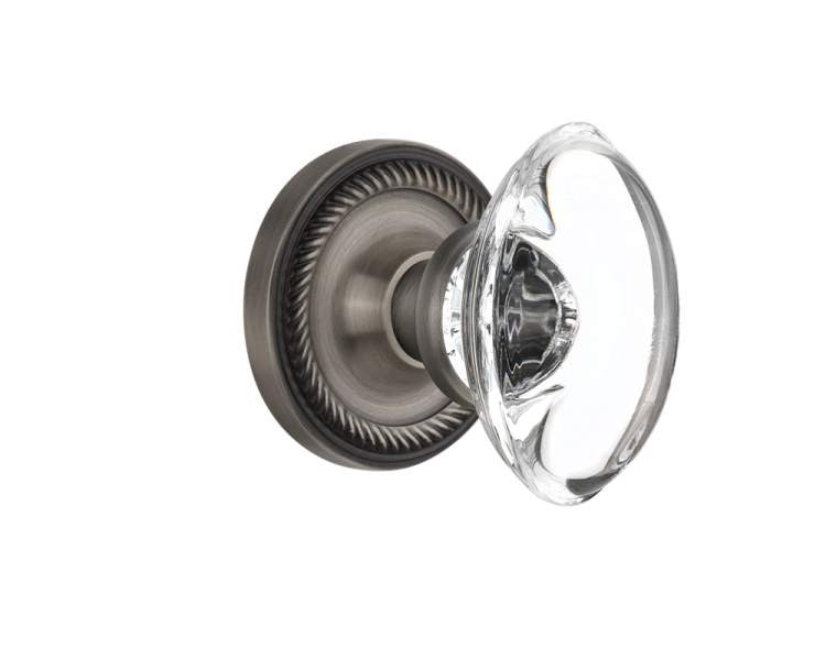 Nostalgic 711637: Rope Rosette w/Oval Clear Glass Crystal Knob Privacy Door Set - Antique Pewter