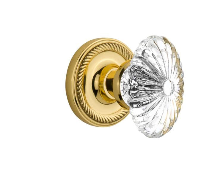 Nostalgic 712190: Mortise Rope Rose w/ Oval Fluted Crystal Knob - Polished Brass