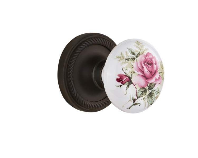 Nostalgic 711309: Mortise Rope Rose w/ Rose Porcelain Knob - Oil Rubbed Bronze