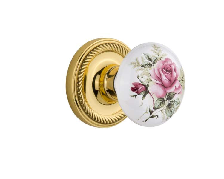 Nostalgic 711008: Rope Rosette w/White Rose Porcelain Knob Single Dummy Door Set - Polished Brass