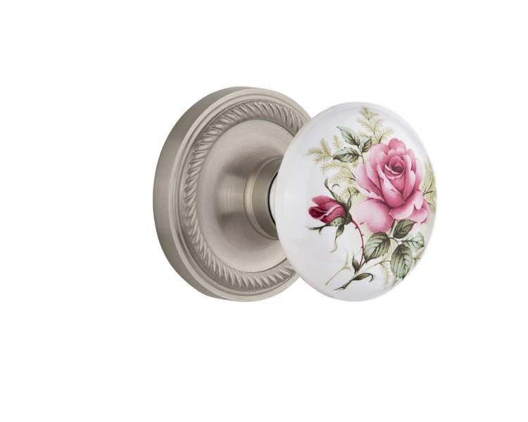 Nostalgic 711311: Mortise Rope Rose with Rose Porcelain Knob - Satin Nickel