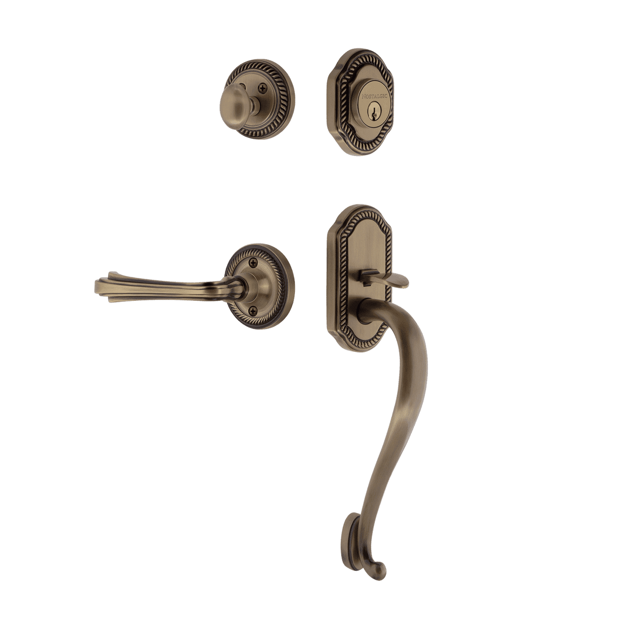Nostalgic 769122: Entry Lockset w/Rope Rosette, S-Grip Exterior Handle and Fleur Interior Lever - Antique Brass