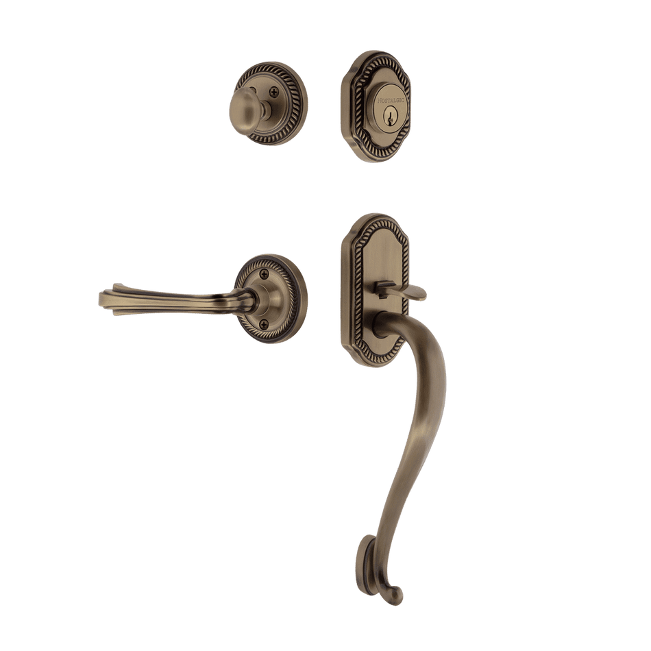 Nostalgic 769122: Entry Lockset w/Rope Rosette, S-Grip Exterior Handle and Fleur Interior Lever - Antique Brass
