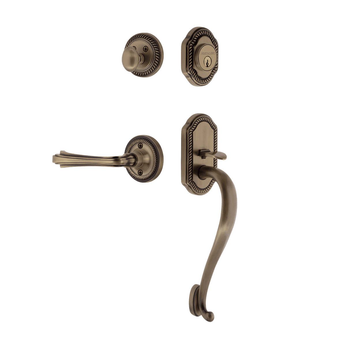 Nostalgic 770920: Entry Lockset w/Rope Rosette, S-Grip Exterior Handle and Fleur Interior Lever - Antique Brass
