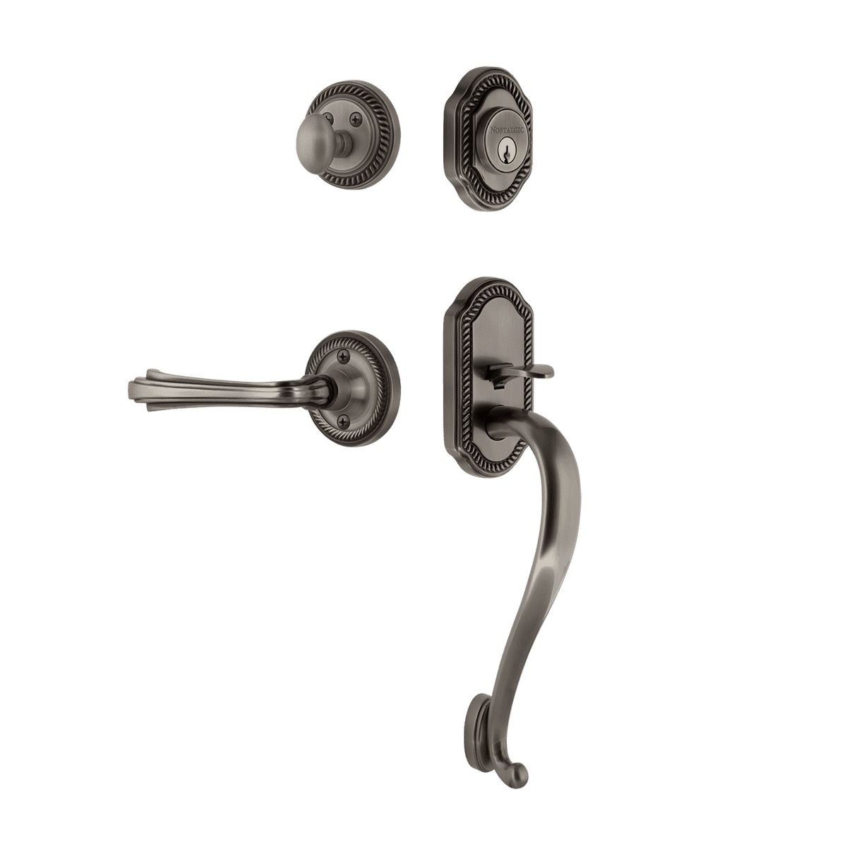 Nostalgic 770917: Entry Lockset w/Rope Rosette, S-Grip Exterior Handle and Fleur Interior Lever - Antique Pewter