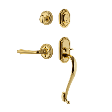 Nostalgic 769118: Entry Lockset w/Rope Rosette, S-Grip Exterior Handle and Fleur Interior Lever - Polished Brass