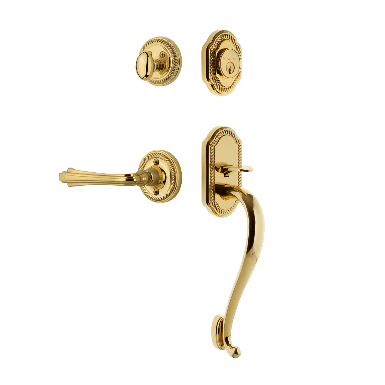Nostalgic 770921: Entry Lockset w/Rope Rosette, S-Grip Exterior Handle and Fleur Interior Lever - Polished Brass