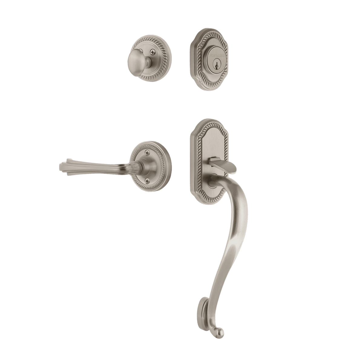 Nostalgic 769125: Entry Lockset w/Rope Rosette, S-Grip Exterior Handle and Fleur Interior Lever - Satin Nickel