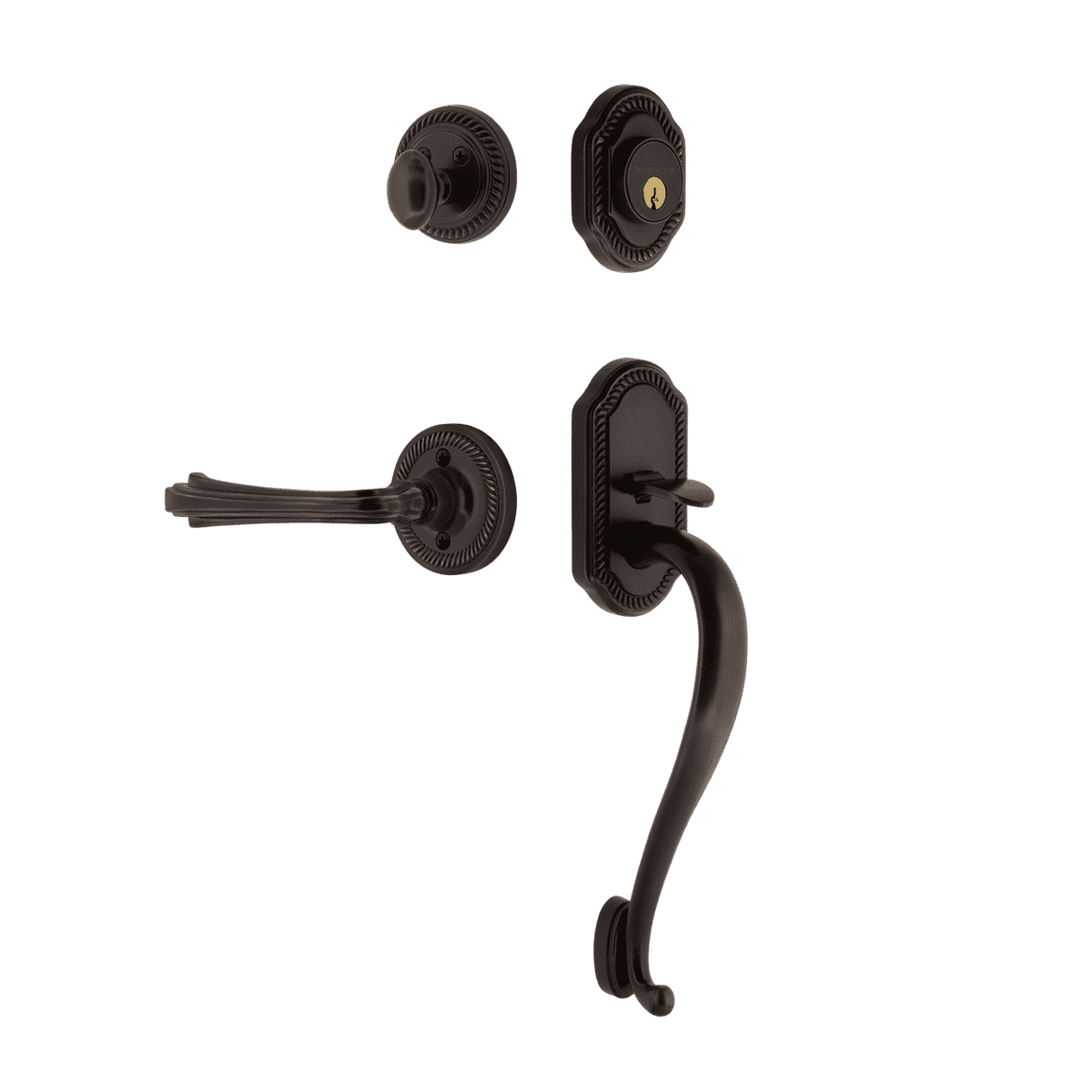 Nostalgic 769121: Entry Lockset w/Rope Rosette, S-Grip Exterior Handle and Fleur Interior Lever - Timeless Bronze