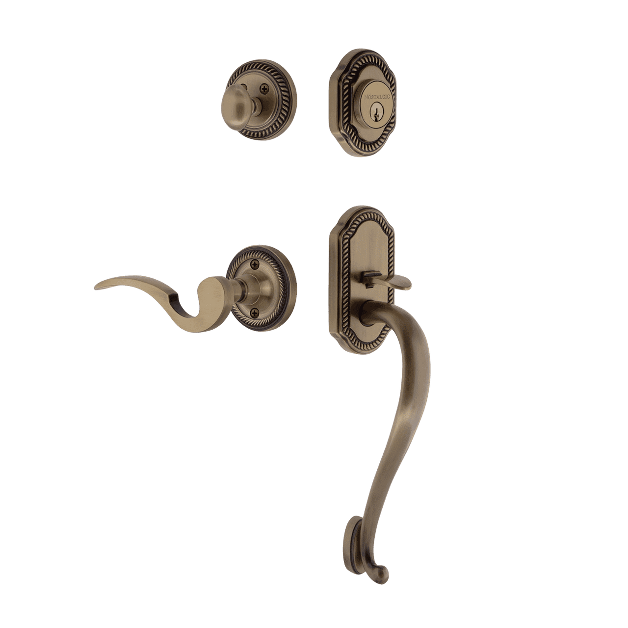 Nostalgic 767728: Entry Lockset w/Rope Rosette, S-Grip Exterior Handle and Manor Interior Lever - Antique Brass