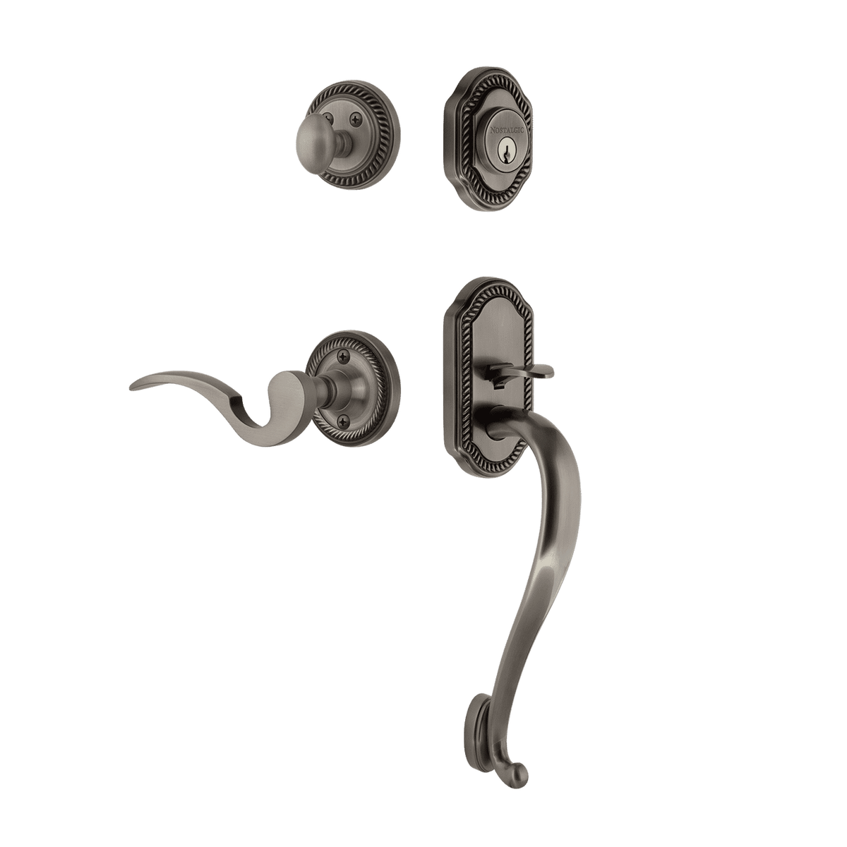 Nostalgic 767722: Entry Lockset w/Rope Rosette, S-Grip Exterior Handle and Manor Interior Lever - Antique Pewter