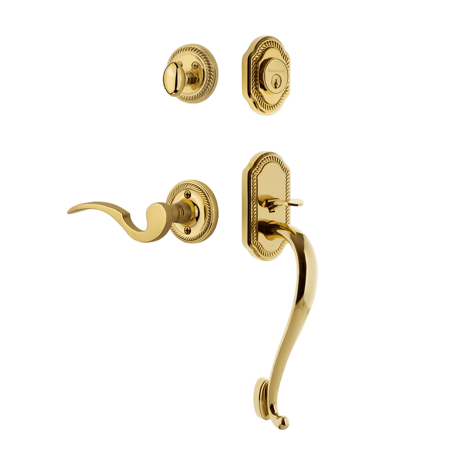 Nostalgic 771009: Entry Lockset w/Rope Rosette, S-Grip Exterior Handle and Manor Interior Lever - Polished Brass