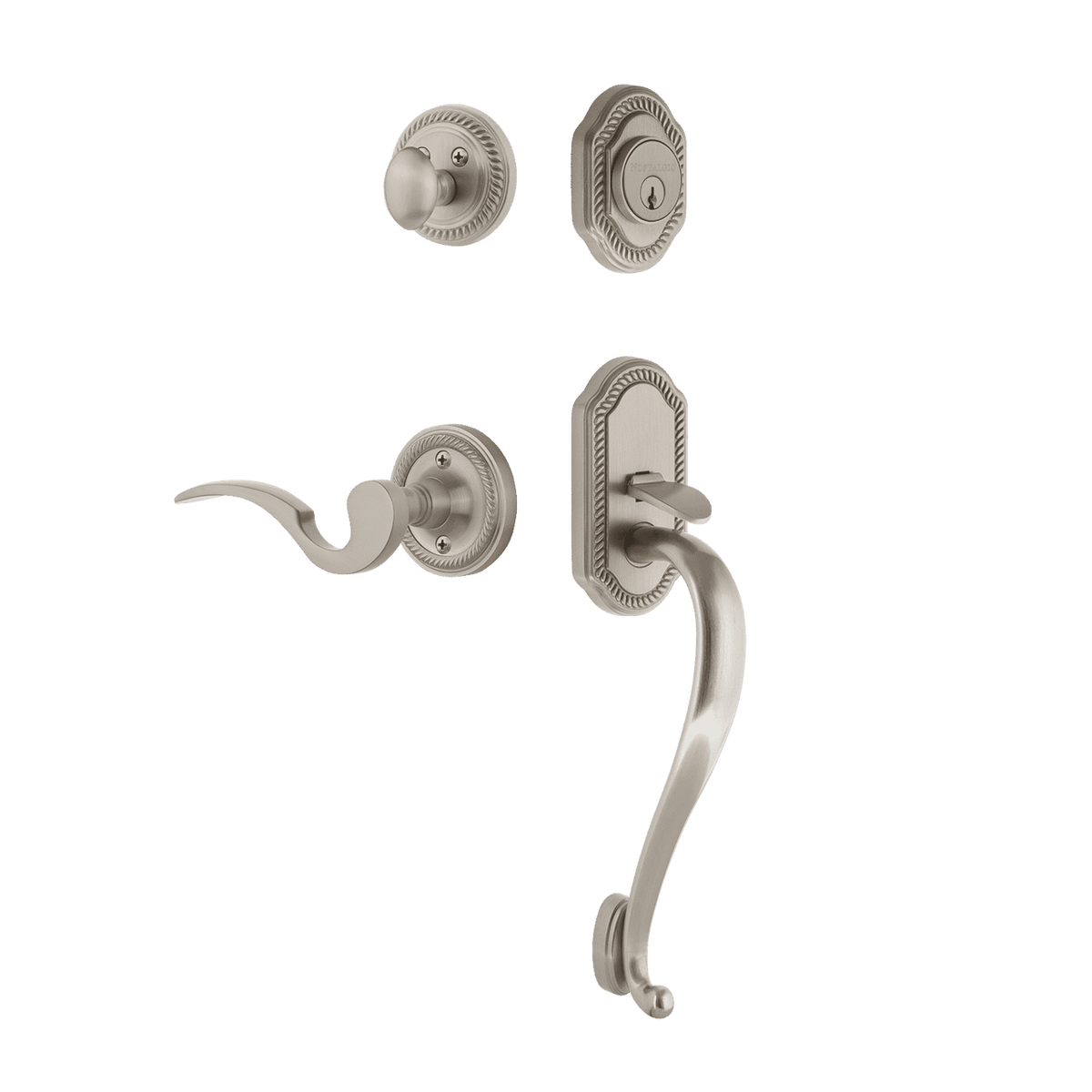 Nostalgic 767726: Entry Lockset w/Rope Rosette, S-Grip Exterior Handle and Manor Interior Lever - Satin Nickel