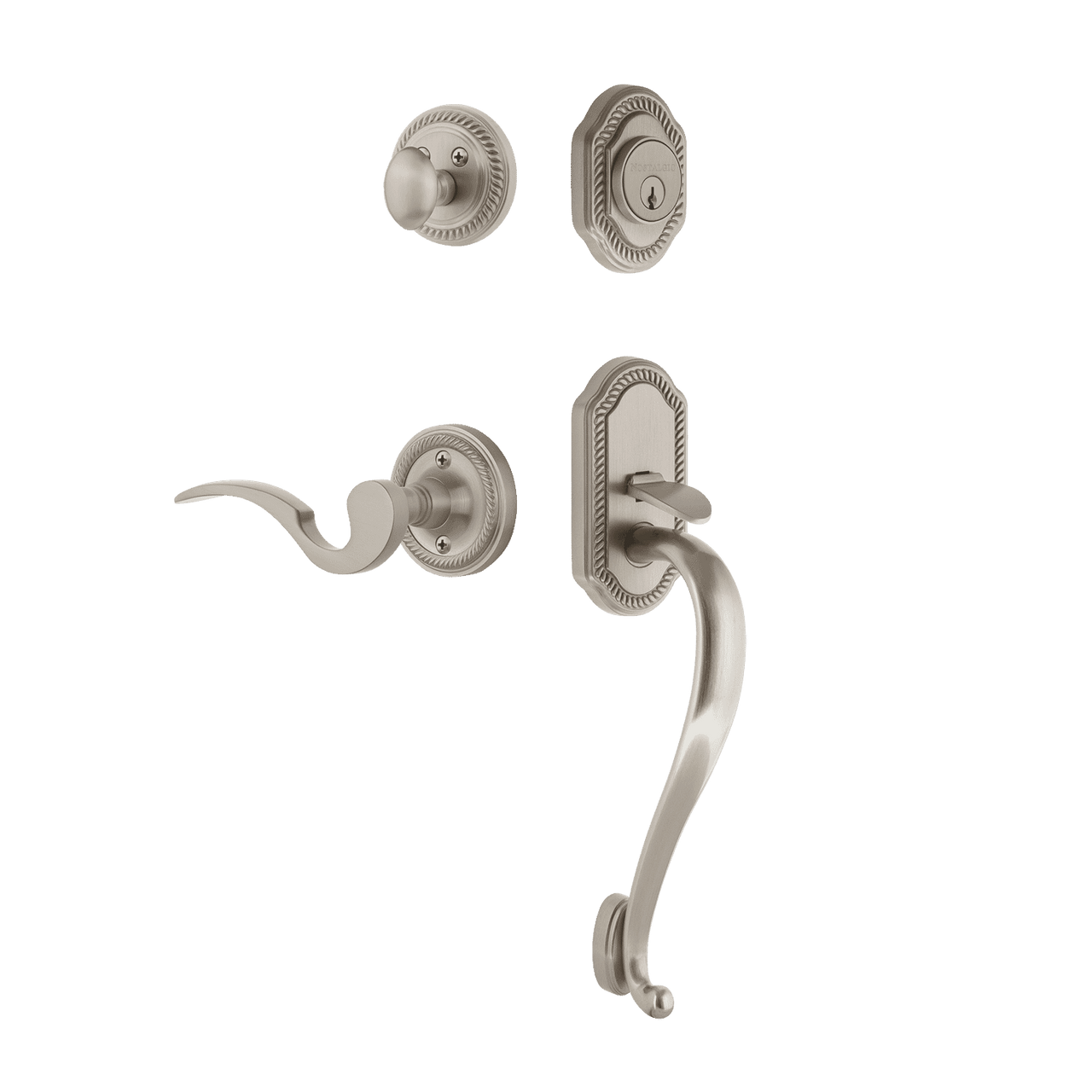 Nostalgic 771013: Entry Lockset w/Rope Rosette, S-Grip Exterior Handle and Manor Interior Lever - Satin Nickel
