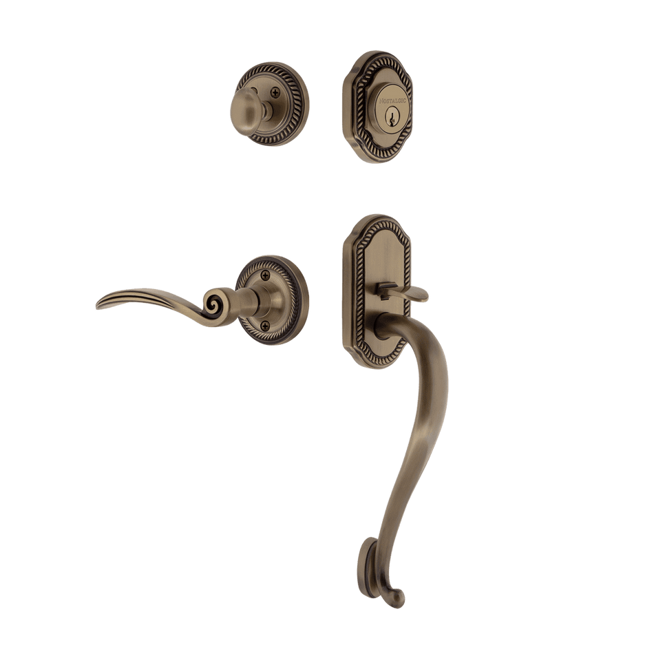 Nostalgic 771094: Entry Lockset w/Rope Rosette, S-Grip Exterior Handle and Swan Interior Lever - Antique Brass