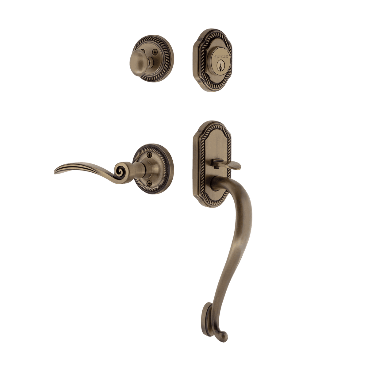 Nostalgic 768425: Entry Lockset w/Rope Rosette, S-Grip Exterior Handle and Swan Interior Lever - Antique Brass