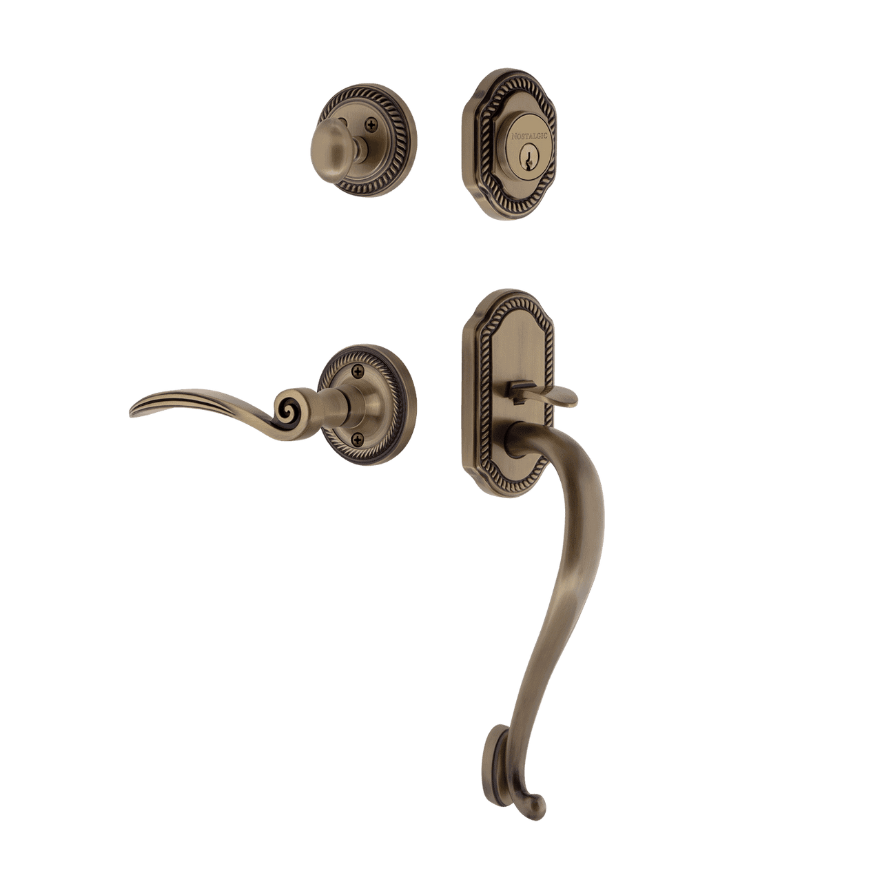 Nostalgic 771113: Entry Lockset w/Rope Rosette, S-Grip Exterior Handle and Swan Interior Lever - Antique Brass