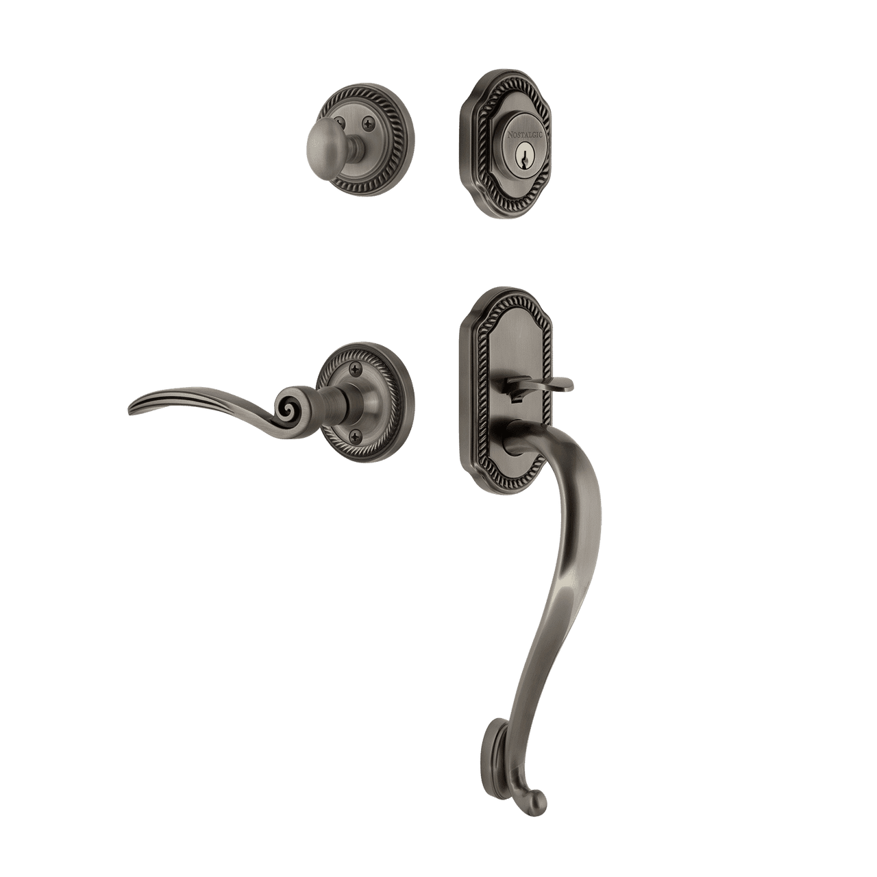 Nostalgic 768419: Entry Lockset w/Rope Rosette, S-Grip Exterior Handle and Swan Interior Lever - Antique Pewter