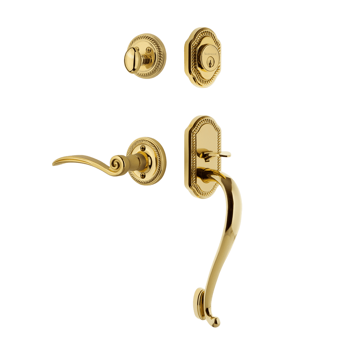 Nostalgic 771112: Entry Lockset w/Rope Rosette, S-Grip Exterior Handle and Swan Interior Lever - Polished Brass