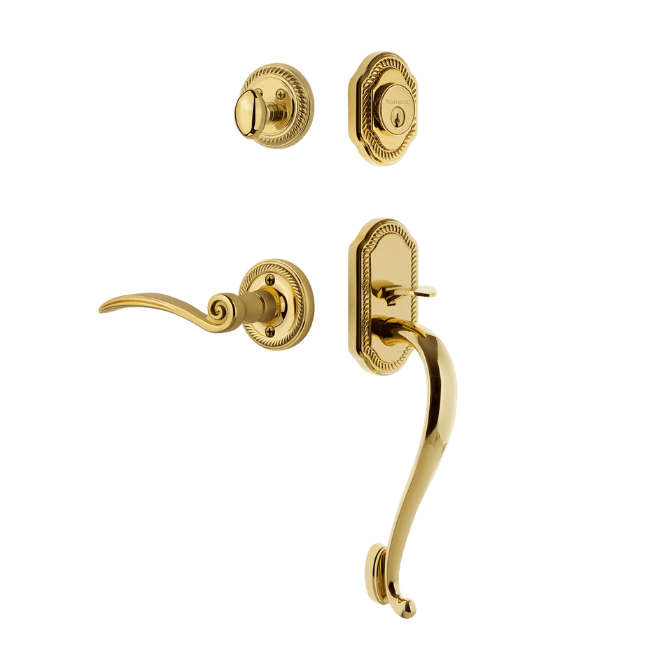 Nostalgic 771075: Entry Lockset w/Rope Rosette, S-Grip Exterior Handle and Swan Interior Lever - Polished Brass