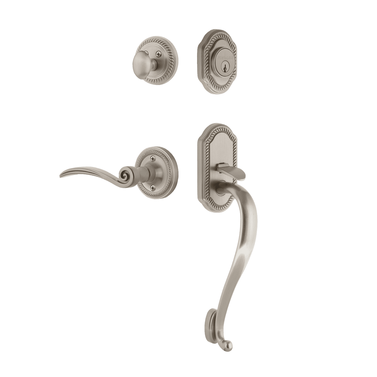 Nostalgic 771096: Entry Lockset w/Rope Rosette, S-Grip Exterior Handle and Swan Interior Lever - Satin Nickel